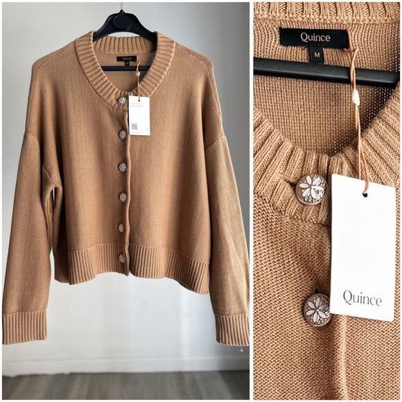 Quince Organic Cotton Cardigan Sweater Floral Button Neutral Brown Size M NWT - Picture 3 of 3